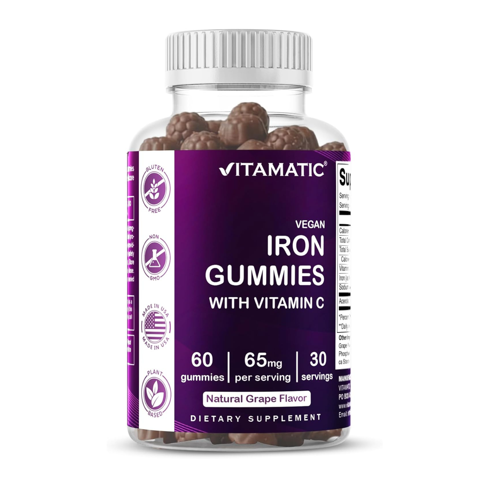 Vitamatic Iron 65mg Dietary Supplement with Vitamin C, Grape Flavored - 60 Gummies