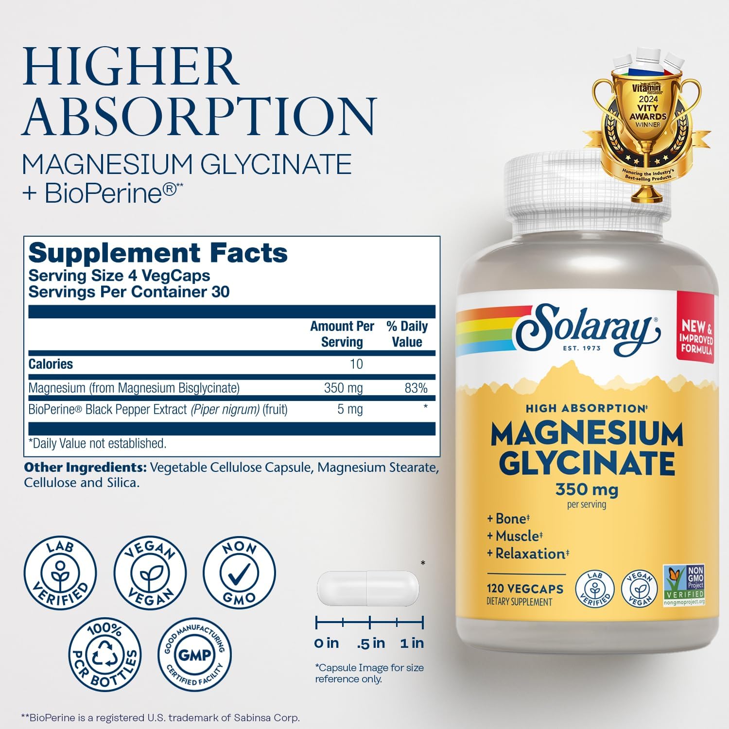 Solaray Magnesium Glycinate Supplement for Body Health Support – 120 Capsules