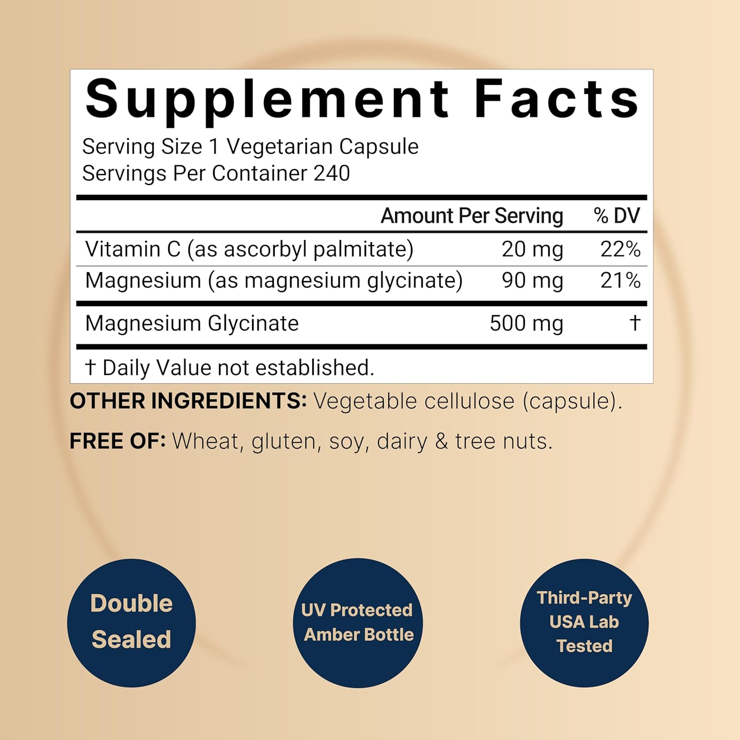 NatureBell Pure Magnesium Glycinate with Fat-Soluble Vitamin C 500mg – 240Capsules
