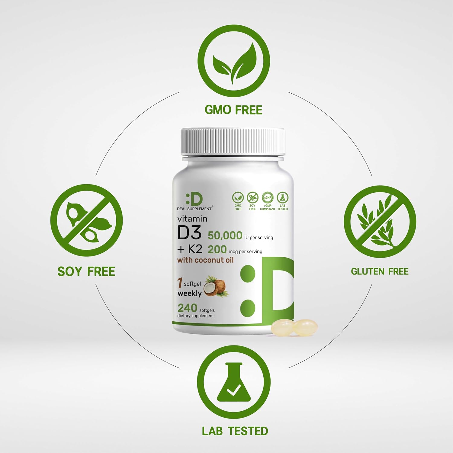 Deal Supplement Vitamin D3 + K2 with Coconut Oil 50,000 IU – 240Softgels